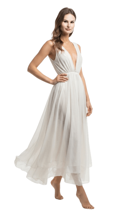 فستان ماكسي أبيض أنيق بياقة V وقصة انسيابية