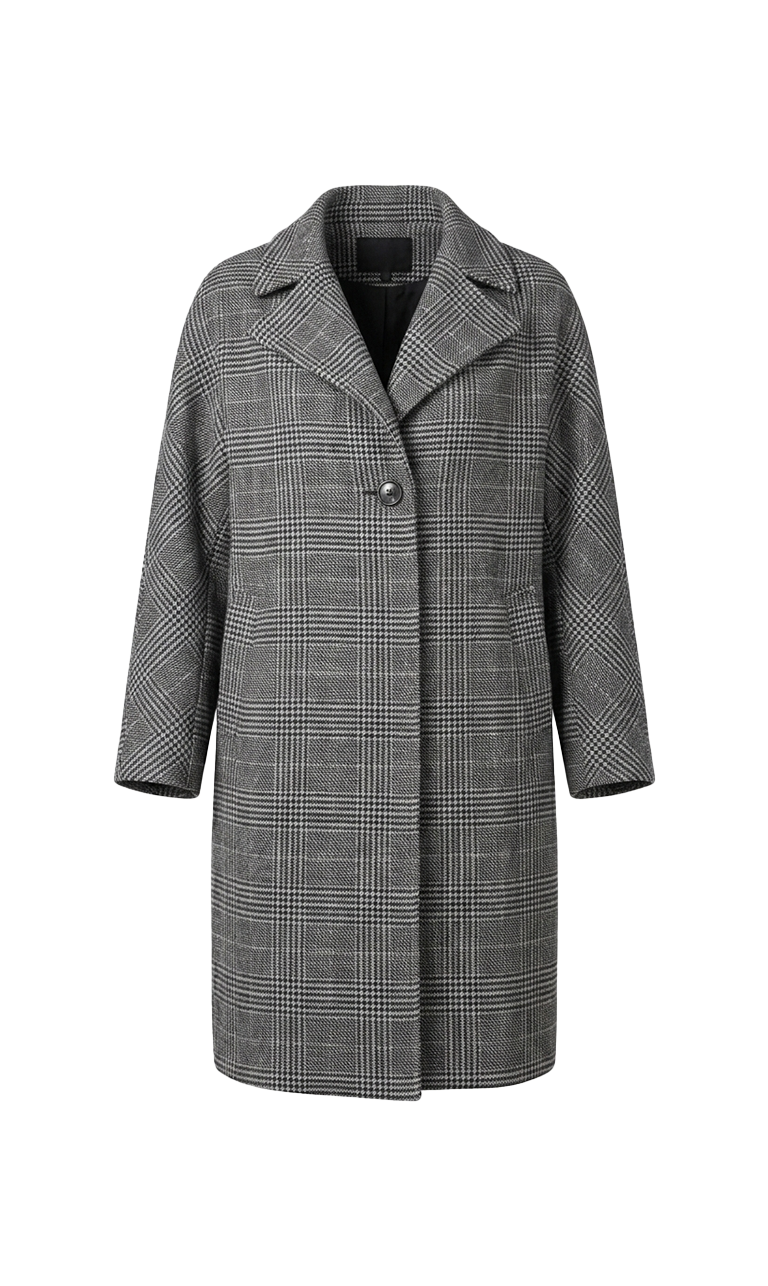 Women's Grey Plaid Wool Blend Long Coat