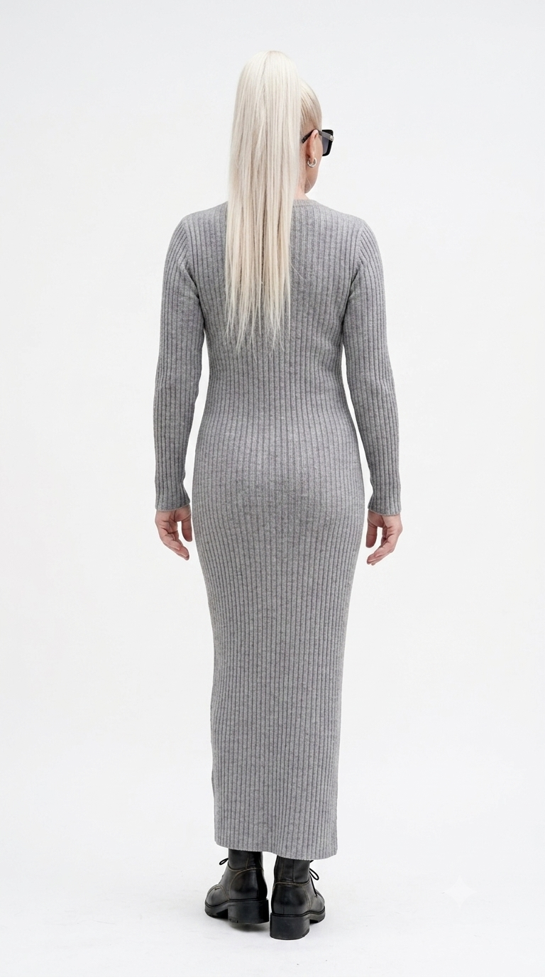 Women's Grey Ribbed Knit Long Maxi Dress