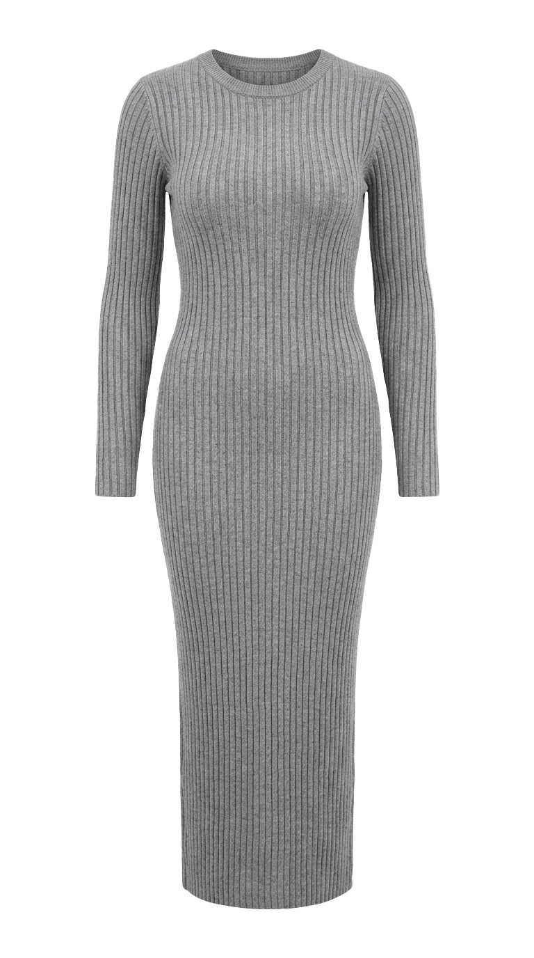 Women's Grey Ribbed Knit Long Maxi Dress