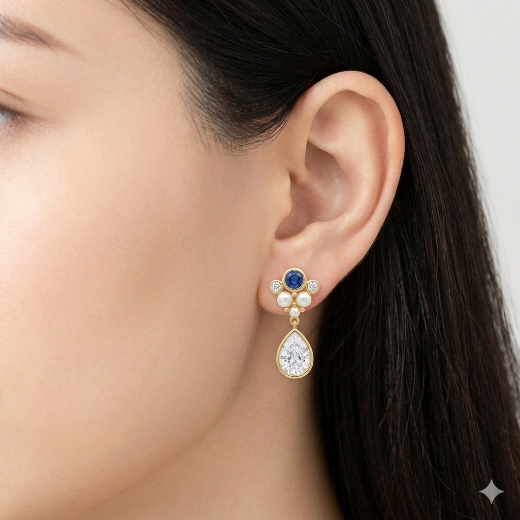 Pearl and Sapphire Drop Earrings